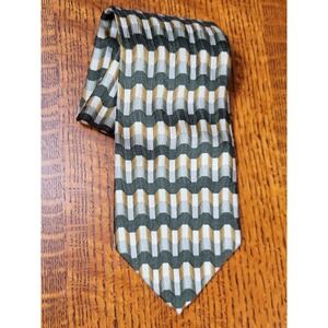 Mens Briar Silk Tie Green & Brown Geometric Rippled Ribbon Pattern Hand Finished